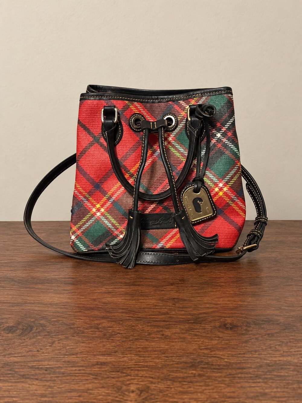 Dooney & Bourke Plaid Tartan Drawstring Bucket Bag Leather Trim